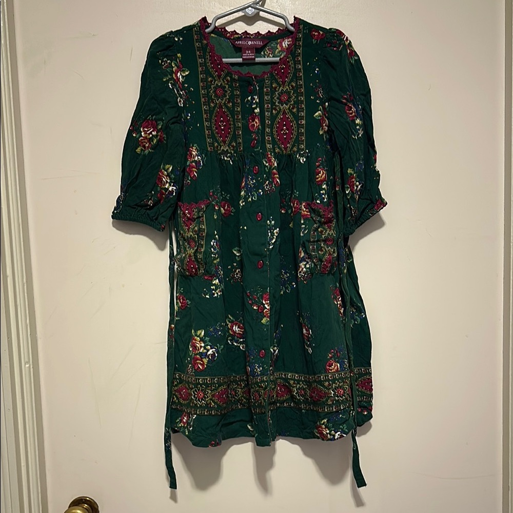 April Cornell Green Floral Dress with Red Accents - 3/4